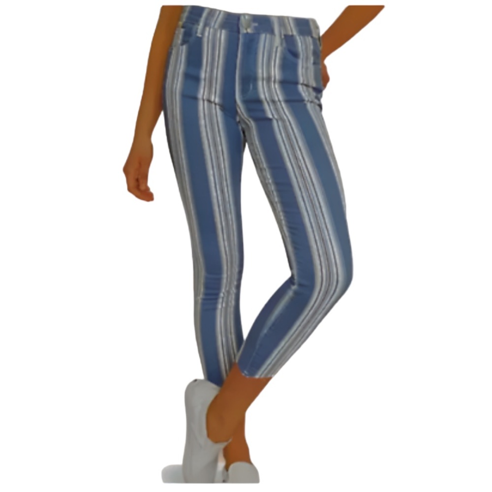 Green St. Denim Blue \ White  Stripe High Rise Crop Raw hem Jean